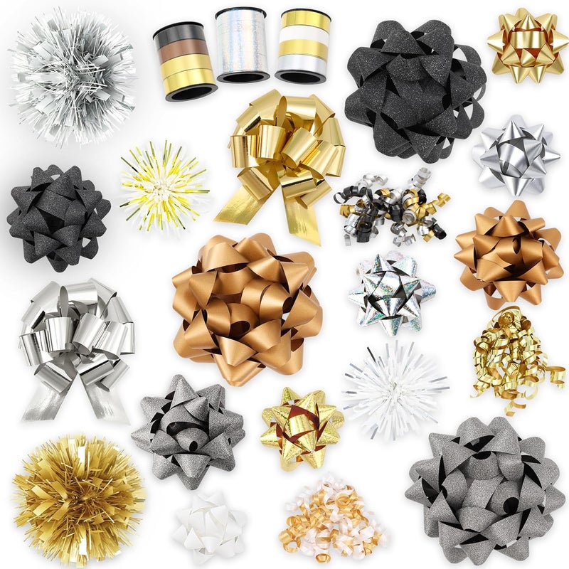 YUJUN 23PCS Christmas Gift Bows Decoration Set Xmas Pull Paper Present Bows Assortment with Christmas Gift Ribbons Wrapping Bows for Christmas New Year Wedding Decoration(Black Gold) - Image 1